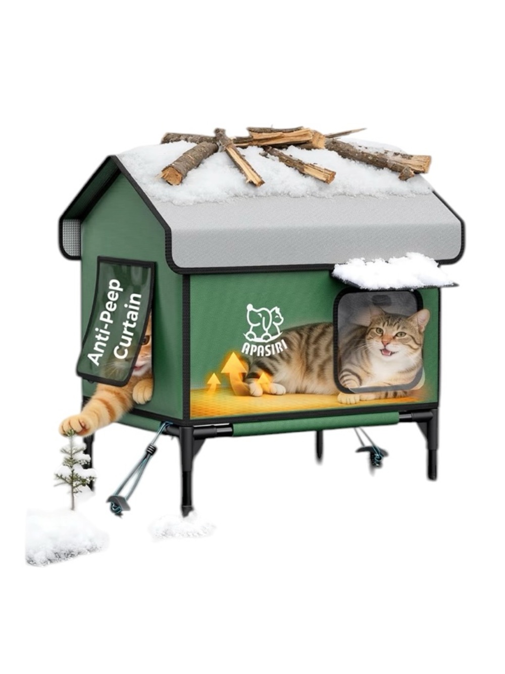 Green Outdoor Elevated Cat House with Anti-Peep Curtain
